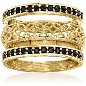 Ross-Simons 0.60 ct. t.w. Black Spinel and Scrollwork Jewelry Set: 3 Rings in 18kt Gold Over Sterling