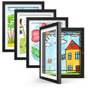 Hsypti Kids Art Frames ، Frames Frames Frames Childring 8.5 x11 مع حصيرة و 10 x12.5 بدون حصيرة ، يحمل الافتتاح الأمامي 100 رسومات للرسومات والأعمال الفنية والمشاريع الفنية للأطفال 2 حزمة خشبية
