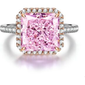 GONA 5CT Pink Cubic Zirconia Ring Solitaire Halo Crushed Anniversary Engagement Wedding Promise Tarnish-Resistant Silver Rings Ice Gemstone Clear Radiant Cut 5A 10 * 10MM for Woman Various Festivals