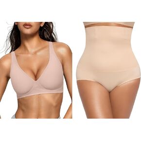 OEAK Comfortable Deep V Bras & Seamless Shapewear Tummy Control Nude Briefs L