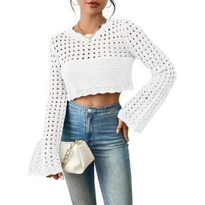 Women's Crochet Lightweight Crop Sweaters Summer Boho Tops Long Sleeve Hollow Out Short Knitwear in Kuwait