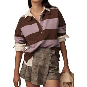 Women Striped Sweater Long Sleeve Lapel Polo V Neck Strip Knit Pullover Casual Layer Top Jumper Y2K Shirt