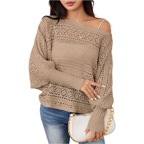 Verdusa Women's Off The Shoulder Sweater Crochet Dolman Sleeve Hollow Out Oversized Boat Neck Long Sleeve Pullovers