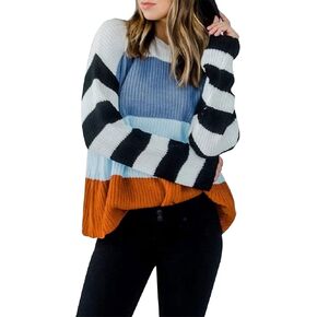 ZESICA Women's Fall Long Sleeve Crew Neck Striped Color Block Casual Loose Knitted Pullover Sweater Tops