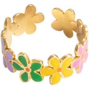 Cute Daisy Flower Colorful Enamel Open Band Ring for Women Gold Lovely Delicate Sunflower Adjustable Stackable Finger Rings Stainless Steel Dainty Engagement Wedding Summer Jewelry for Daughter