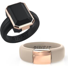 Rinfit Silicone Rings for Her - Rubber Wedding Bands - Black Emerald & Nude with Metal Plate - Metal Rose Gold - Size 5