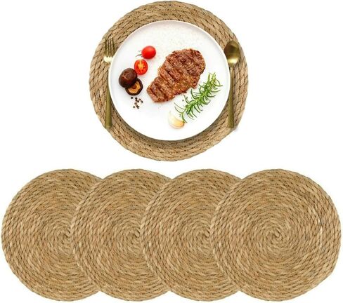 Round Woven Placemats Set of 4, 12" Boho Rattan Placemats Natural Hand-Woven Water Hyacinth Placemats, Farmhouse Weave Place Mats, Rustic Braided Wicker Table Mats for Dining Table,Home,Wedding in Saudi Arabia