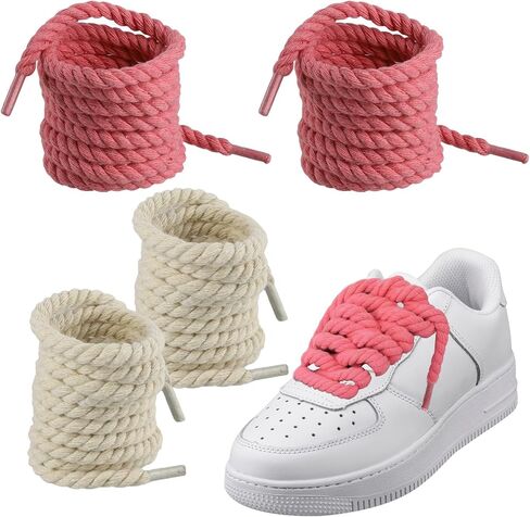2 Pairs Thick Rope Shoe Laces, 62.9 Inch Thick Rope Round Shoelaces, Soft and Strong, Fashionable and Trendy, Suitable for Men's and Women's Sports Shoes(Pink + Beige) in Saudi Arabia