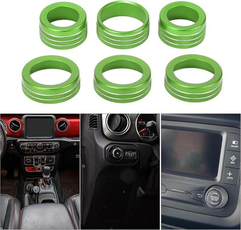 AC Air Conditioner Headlight Media Control Switch Knob Cover Ring - Car Interior Decal Trim - for Jeep Wrangler 2018-2023 Aluminum Alloy Green - 6 Pcs in Kuwait