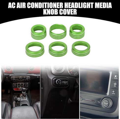 AC Air Conditioner Headlight Media Control Switch Knob Cover Ring - Car Interior Decal Trim - for Jeep Wrangler 2018-2023 Aluminum Alloy Green - 6 Pcs in Kuwait