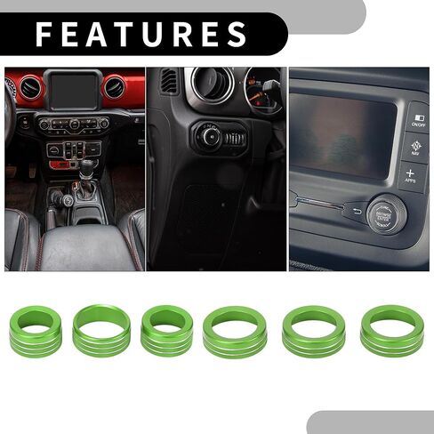 AC Air Conditioner Headlight Media Control Switch Knob Cover Ring - Car Interior Decal Trim - for Jeep Wrangler 2018-2023 Aluminum Alloy Green - 6 Pcs in Kuwait