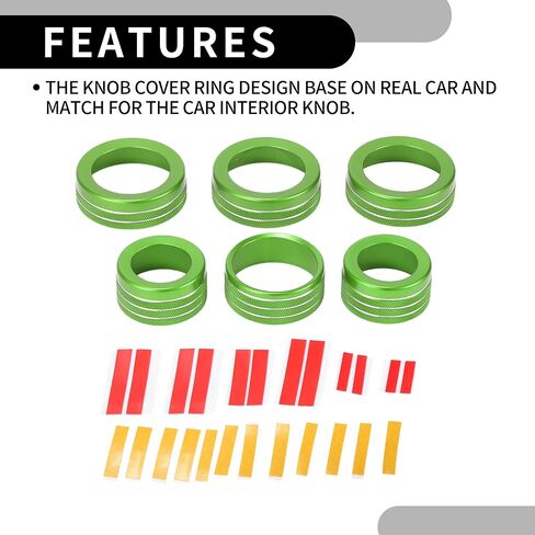 AC Air Conditioner Headlight Media Control Switch Knob Cover Ring - Car Interior Decal Trim - for Jeep Wrangler 2018-2023 Aluminum Alloy Green - 6 Pcs in Kuwait