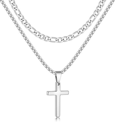 Fiusem 2 PCS Cross Necklace Chain للرجال والنساء ، قلادات مُقالين من الفولاذ المقاوم للصدأ مع قلادة ، فيجارو وسلسلة مربع 16-24 بوصة in Kuwait