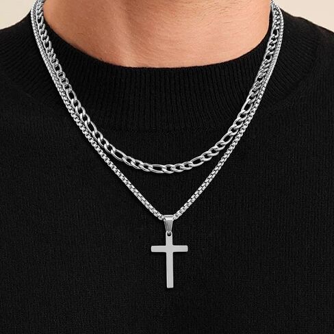 Fiusem 2 PCS Cross Necklace Chain للرجال والنساء ، قلادات مُقالين من الفولاذ المقاوم للصدأ مع قلادة ، فيجارو وسلسلة مربع 16-24 بوصة in Kuwait