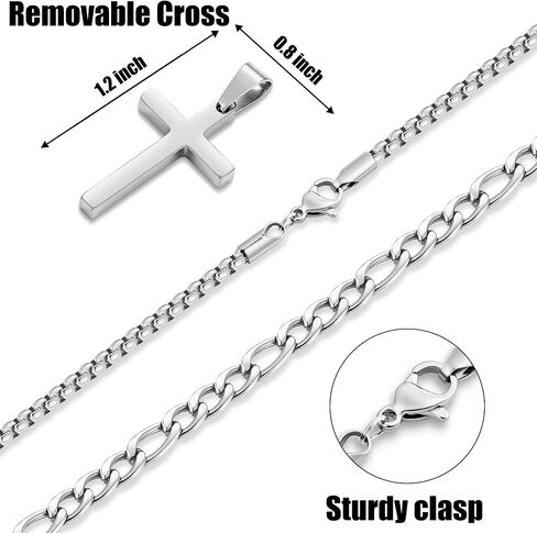 Fiusem 2 PCS Cross Necklace Chain للرجال والنساء ، قلادات مُقالين من الفولاذ المقاوم للصدأ مع قلادة ، فيجارو وسلسلة مربع 16-24 بوصة in Kuwait