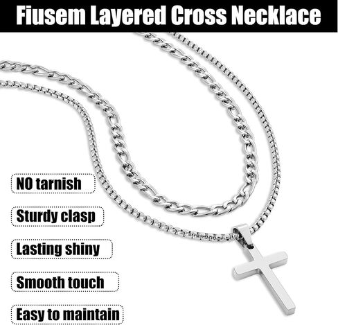 Fiusem 2 PCS Cross Necklace Chain للرجال والنساء ، قلادات مُقالين من الفولاذ المقاوم للصدأ مع قلادة ، فيجارو وسلسلة مربع 16-24 بوصة in Kuwait