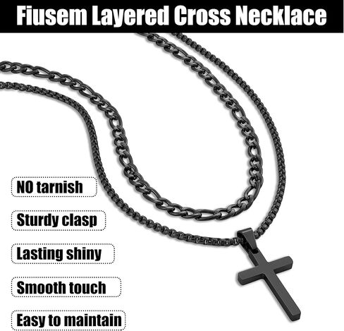 Fiusem 2 PCS Cross Necklace Chain للرجال والنساء ، قلادات مُقالين من الفولاذ المقاوم للصدأ مع قلادة ، فيجارو وسلسلة مربع 16-24 بوصة in Saudi Arabia