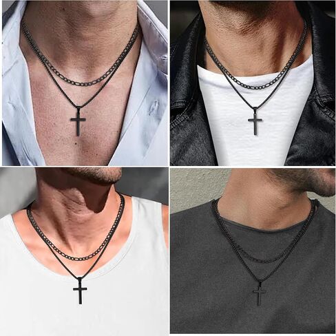 Fiusem 2 PCS Cross Necklace Chain للرجال والنساء ، قلادات مُقالين من الفولاذ المقاوم للصدأ مع قلادة ، فيجارو وسلسلة مربع 16-24 بوصة in Saudi Arabia