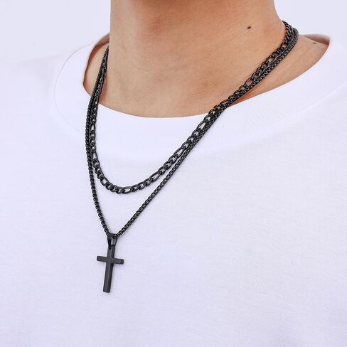 Fiusem 2 PCS Cross Necklace Chain للرجال والنساء ، قلادات مُقالين من الفولاذ المقاوم للصدأ مع قلادة ، فيجارو وسلسلة مربع 16-24 بوصة in Saudi Arabia