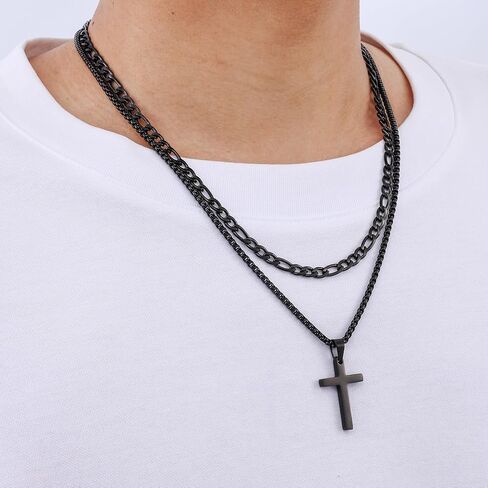 Fiusem 2 PCS Cross Necklace Chain للرجال والنساء ، قلادات مُقالين من الفولاذ المقاوم للصدأ مع قلادة ، فيجارو وسلسلة مربع 16-24 بوصة in Saudi Arabia