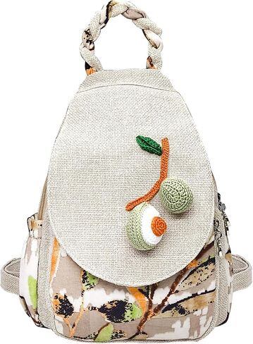 Cute Small Cotton Hand Craft Backpack Purse Mini Multi Pocket Casual Daypack for Women(white avocado) in Saudi Arabia