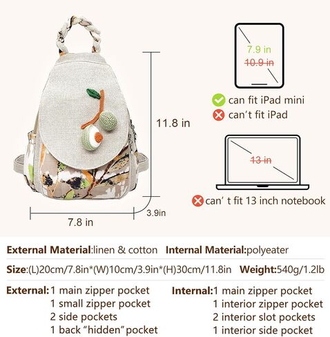 Cute Small Cotton Hand Craft Backpack Purse Mini Multi Pocket Casual Daypack for Women(white avocado) in Saudi Arabia