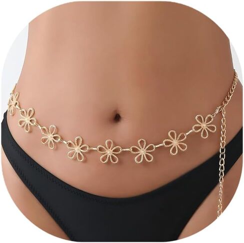 Gold Waist Chain，Hollow-out Floral-shaped Waist Chain 14k Gold Plated Chain Belt Metal Adjustable Waist Link Belt Fashion Waterproof Sexy Bikini Beads Chain Summer Non Tarnish Body Chain Jewelry Gifts for Women in Kuwait