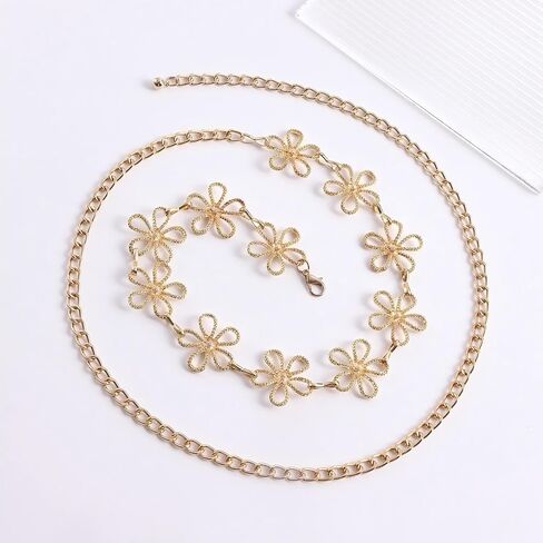 Gold Waist Chain，Hollow-out Floral-shaped Waist Chain 14k Gold Plated Chain Belt Metal Adjustable Waist Link Belt Fashion Waterproof Sexy Bikini Beads Chain Summer Non Tarnish Body Chain Jewelry Gifts for Women in Kuwait