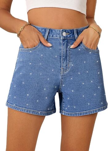 Sidefeel Women's Jean Shorts High Waisted Stretchy Casual Rhinestones Denim Shorts in Saudi Arabia
