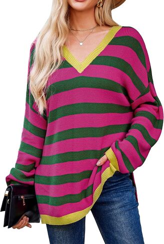 Blooming Jelly Womens Striped Sweater Oversized V Neck Side Slit Cute Long Sleeve Tops Pullover Fall 2024 Trendy Casual Tunic in Saudi Arabia