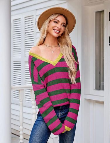 Blooming Jelly Womens Striped Sweater Oversized V Neck Side Slit Cute Long Sleeve Tops Pullover Fall 2024 Trendy Casual Tunic in Saudi Arabia
