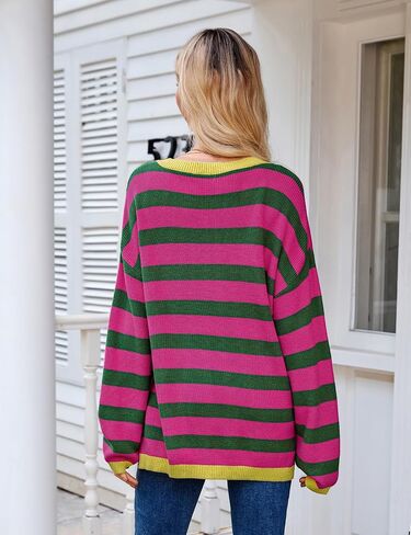 Blooming Jelly Womens Striped Sweater Oversized V Neck Side Slit Cute Long Sleeve Tops Pullover Fall 2024 Trendy Casual Tunic in Saudi Arabia
