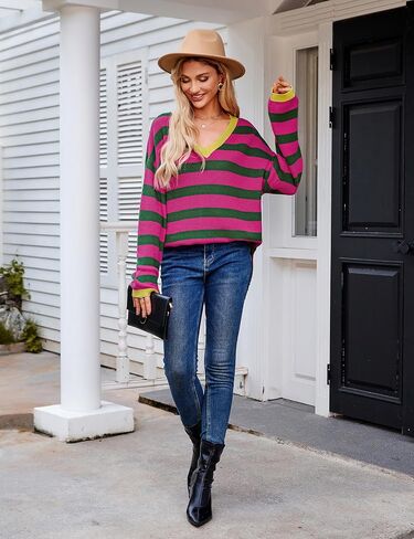 Blooming Jelly Womens Striped Sweater Oversized V Neck Side Slit Cute Long Sleeve Tops Pullover Fall 2024 Trendy Casual Tunic in Saudi Arabia