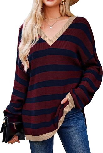 Blooming Jelly Womens Striped Sweater Oversized V Neck Side Slit Cute Long Sleeve Tops Pullover Fall 2024 Trendy Casual Tunic in Saudi Arabia