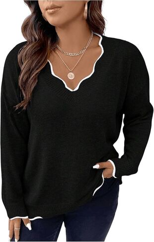 MakeMechic Women's Plus Size Contraving Sweater V Neck Neck Scallop Trim Long Sleeve Tops Tops in Kuwait