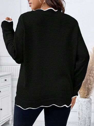 MakeMechic Women's Plus Size Contraving Sweater V Neck Neck Scallop Trim Long Sleeve Tops Tops in Kuwait