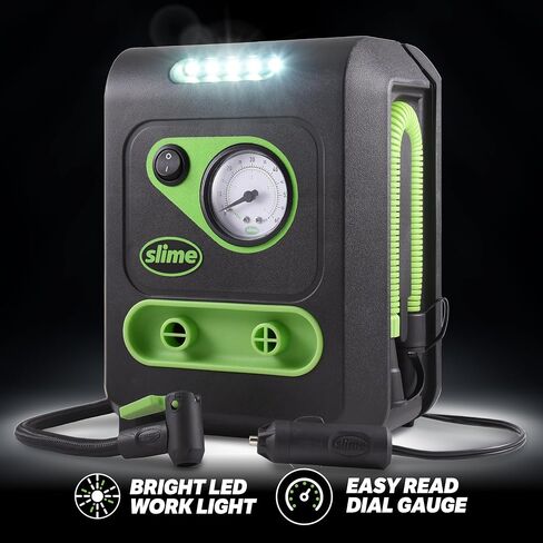 Slime 40034 Tire and Mattress Inflator, All-Purpose, High Pressure, High Volume, Analog 100 psi Dial Gauge, LED Light, 8 min Tire inflation, 3 Min Mattress inflation in Saudi Arabia