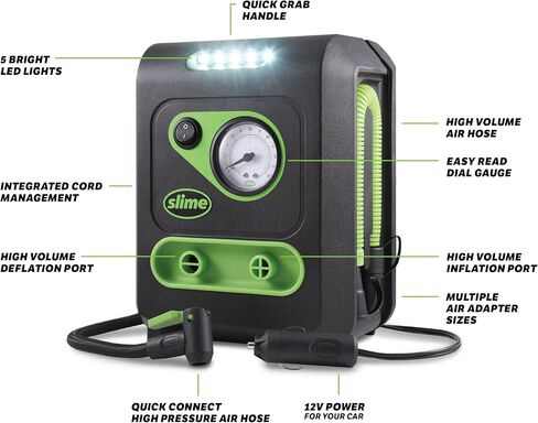 Slime 40034 Tire and Mattress Inflator, All-Purpose, High Pressure, High Volume, Analog 100 psi Dial Gauge, LED Light, 8 min Tire inflation, 3 Min Mattress inflation in Saudi Arabia