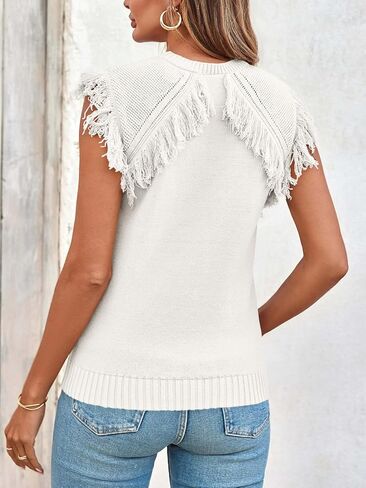 Saodimallsu Womens Sleeveless Sweater Vest Fringe Cap Sleeve Western Boho Trendy Crew Neck Pullover Knit Tops in Saudi Arabia