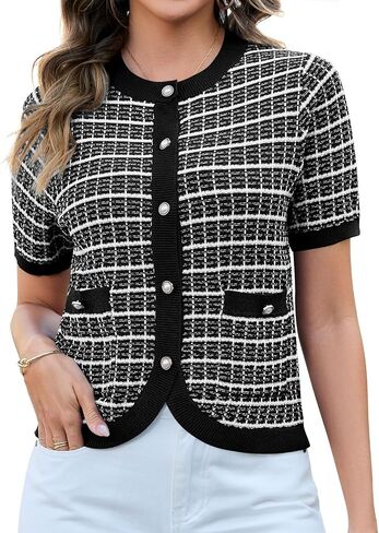 Women's Summer Short Sleeve Cardigans Cropped Tweed Blazers Button Up Knitted Sweater Jacket for Dress with Pockets in Saudi Arabia