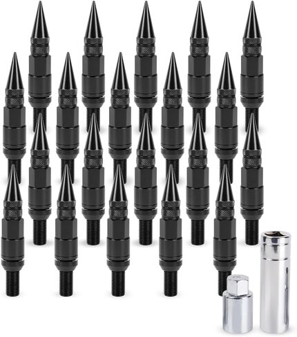 muge racing M14x1.5 Wheel Bolts 20 PCS, Conical Seat Lug Bolt with Aluminum Pointed Cap, Anti-Theft, Compatible for Buick, BMW, Mercedes-Benz, Audi, Volkswagen and More, 2 Socket Included, Black in Kuwait