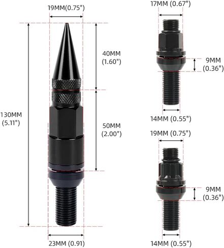 muge racing M14x1.5 Wheel Bolts 20 PCS, Conical Seat Lug Bolt with Aluminum Pointed Cap, Anti-Theft, Compatible for Buick, BMW, Mercedes-Benz, Audi, Volkswagen and More, 2 Socket Included, Black in Kuwait