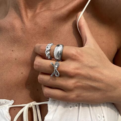 Ingemark Rings for Women 14K Gold Plated Chunky Teardrop Water Drop Ring Silver Adjustable Large Thick Smooth Curved Open Thumb Finger Rings 12 Pieces Bold Crossover Statement Ring Band in Saudi Arabia