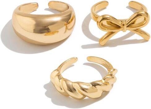 Ingemark Rings for Women 14K Gold Plated Chunky Teardrop Water Drop Ring Silver Adjustable Large Thick Smooth Curved Open Thumb Finger Rings 12 Pieces Bold Crossover Statement Ring Band in Kuwait