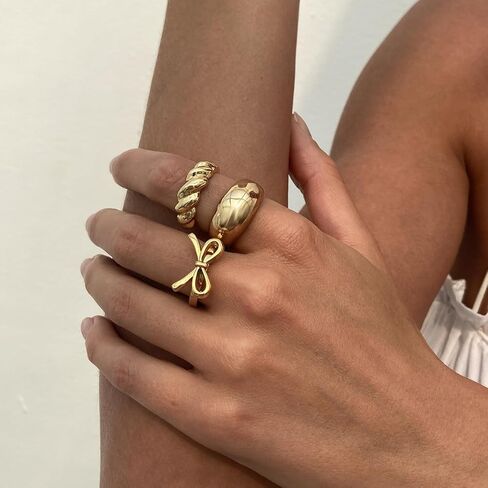 Ingemark Rings for Women 14K Gold Plated Chunky Teardrop Water Drop Ring Silver Adjustable Large Thick Smooth Curved Open Thumb Finger Rings 12 Pieces Bold Crossover Statement Ring Band in Kuwait