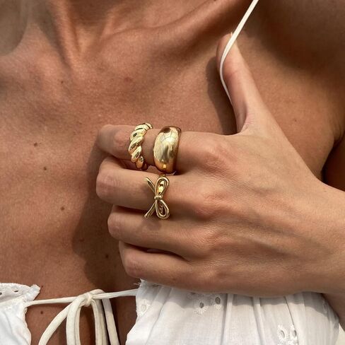 Ingemark Rings for Women 14K Gold Plated Chunky Teardrop Water Drop Ring Silver Adjustable Large Thick Smooth Curved Open Thumb Finger Rings 12 Pieces Bold Crossover Statement Ring Band in Kuwait