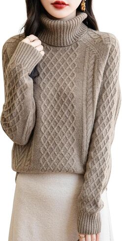 Women's 100% Merino Wool Turtleneck Sweater 2025 Fall Winter Vintage Cable Warm Soft Long Sleeve Knit Sweater in Saudi Arabia