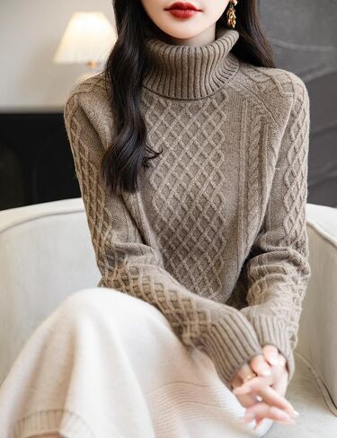 Women's 100% Merino Wool Turtleneck Sweater 2025 Fall Winter Vintage Cable Warm Soft Long Sleeve Knit Sweater in Saudi Arabia