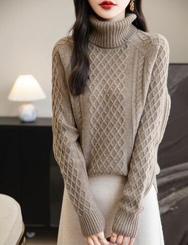 Women's 100% Merino Wool Turtleneck Sweater 2025 Fall Winter Vintage Cable Warm Soft Long Sleeve Knit Sweater in Saudi Arabia