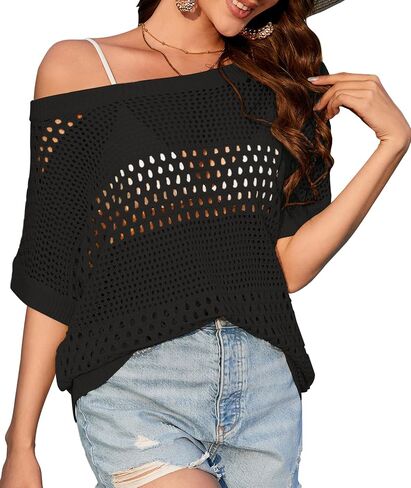 Zyyfly Women's Crochet Tops Summer Hollow Out Knit Lightweight Short Sleeve Sweater Beach Cover Up in Saudi Arabia